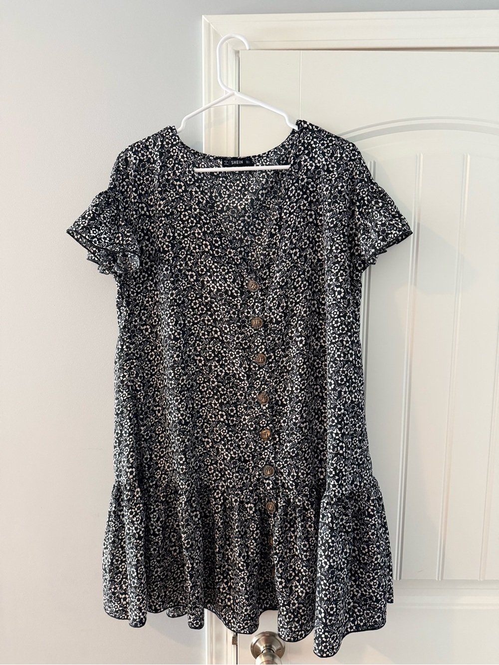 SHEIN Black Floral Button-Front Ruffle Mini Dress